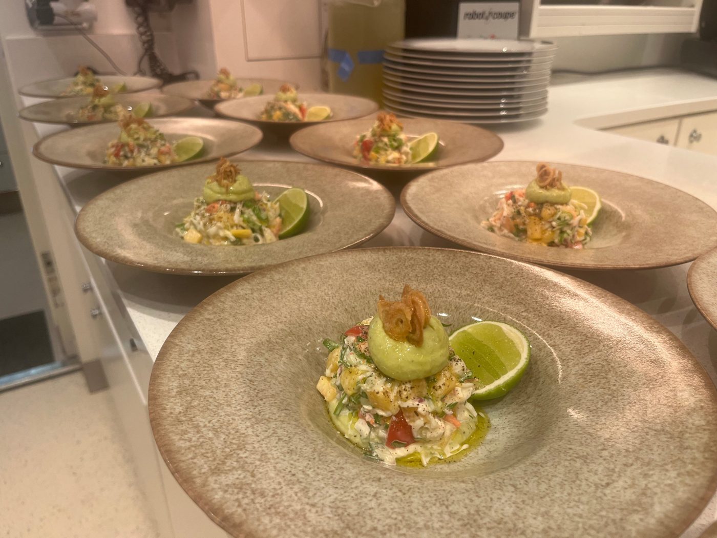 Crab and mango salad with avocado mousse, crisp shallot and lime by chef Troy Davidson