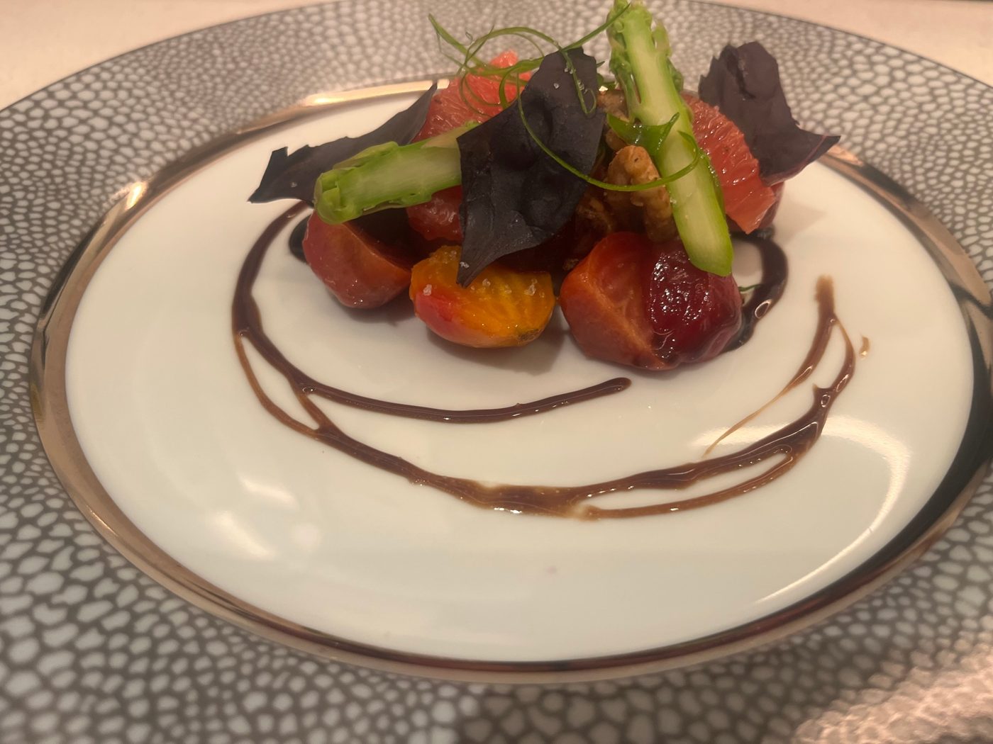 Roasted heirloom beets with grapefruit, asparagus, walnuts and balsamic by chef Troy Davidson